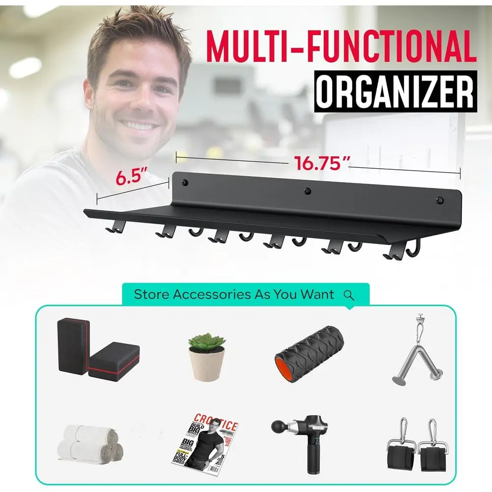 Tonal Accessory Shelf - Wall Mounted Gym Storage Rack with Metal Hangers and T-Bracket Locks, US Patented