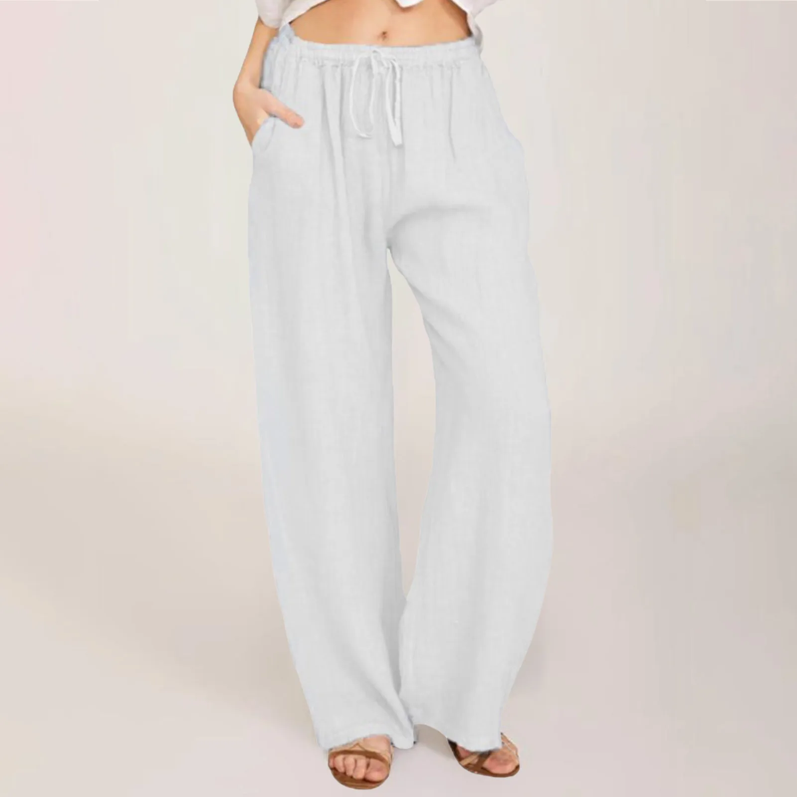 Women Casual Linen Pants High Waisted Solid Color Drawstring Loose Pants with Pocket for Vacation Beach Sleep