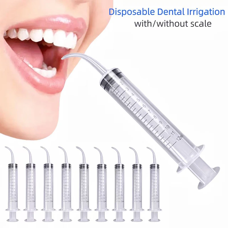 50pcs/bag Dental Syringe Irrigation With Curved Tip 12cc Transparent Needle Tube Dentist Consumable Material Oral Hygiene Tools