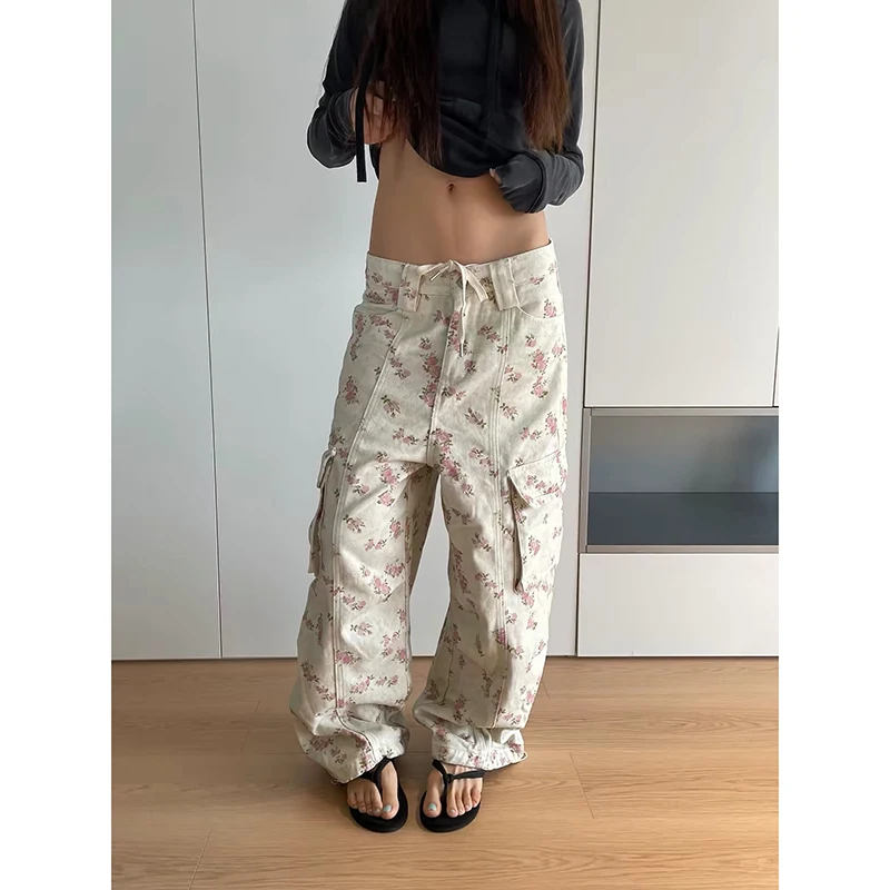 ZHIZOU Women Gothic Y2k Cargo Jeans Vintage 2000s Hiphop Grunge American Style Baggy Floral Pattern Wide Leg Denim Pants Spring
