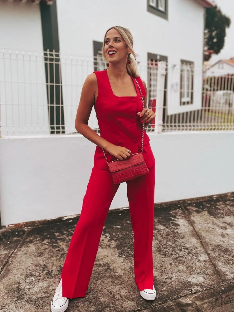 HH Abiti moda donna Collo quadrato senza maniche Gilet doppio petto Top + Pantaloni Stralght con spacco a vita media Set estivi femminili