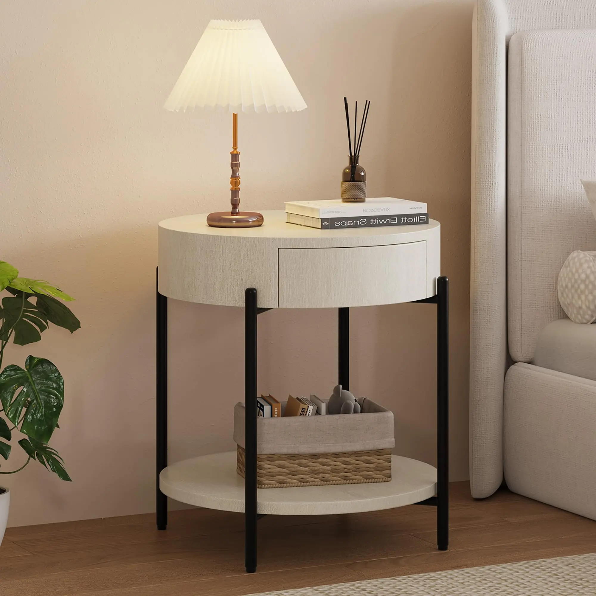 Round Upholstered End Table with Storage Drawer & Lower Shelf, Modern Fabric Side Table, Black Metal Leg Accent Table for Living Room Bedroom