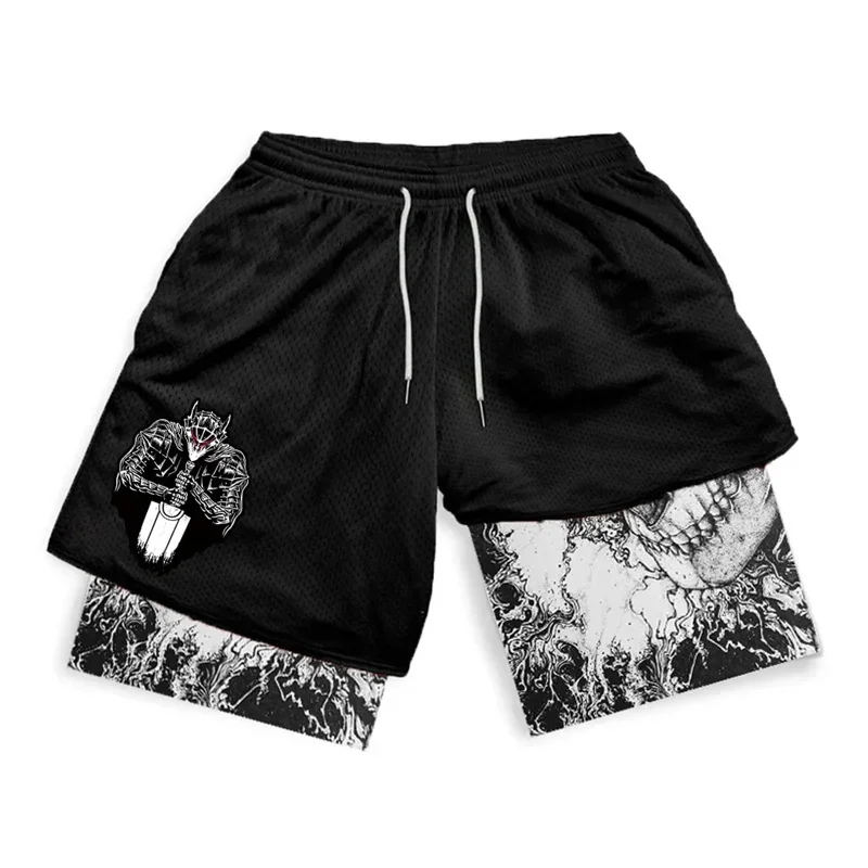 Stylish Anime Berserk 2 in 1 Compression Shorts for Men Athletic Gym Shorts Quick Dry Stretchy Training Running Fitness Workout