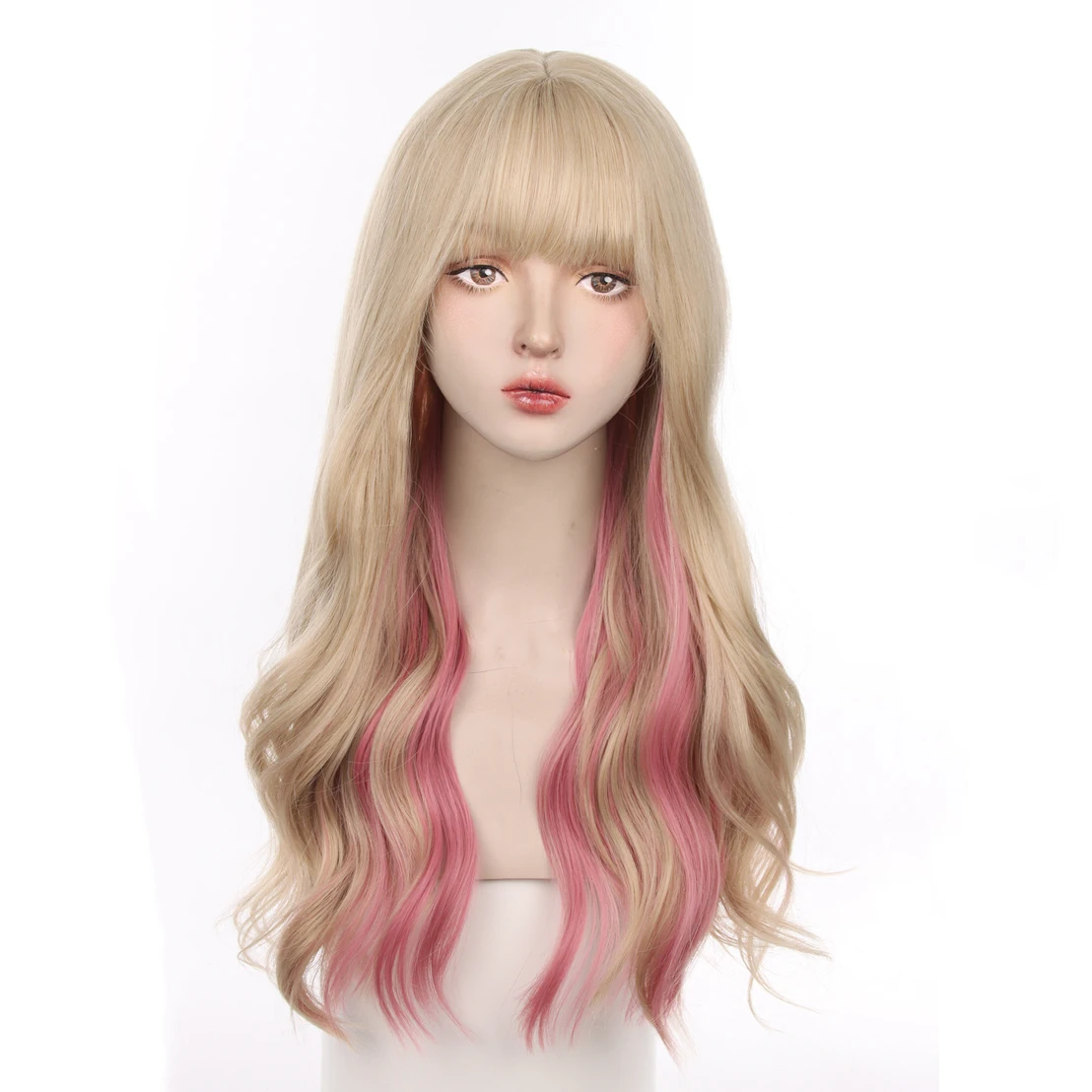 Wig Lolita Sintetis Tahan Panas Pirang Ombre Merah Muda Bergelombang Panjang dengan Poni untuk Wanita, Pesta Cosplay, Penggunaan Sehari-hari