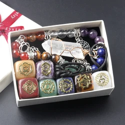 Natural Crystal Stone Set, Chakra Healing Gemstone, Quartz Mineral Ornament, Gemstone Resin Pendant, Gifts Box, Home Decor Gift