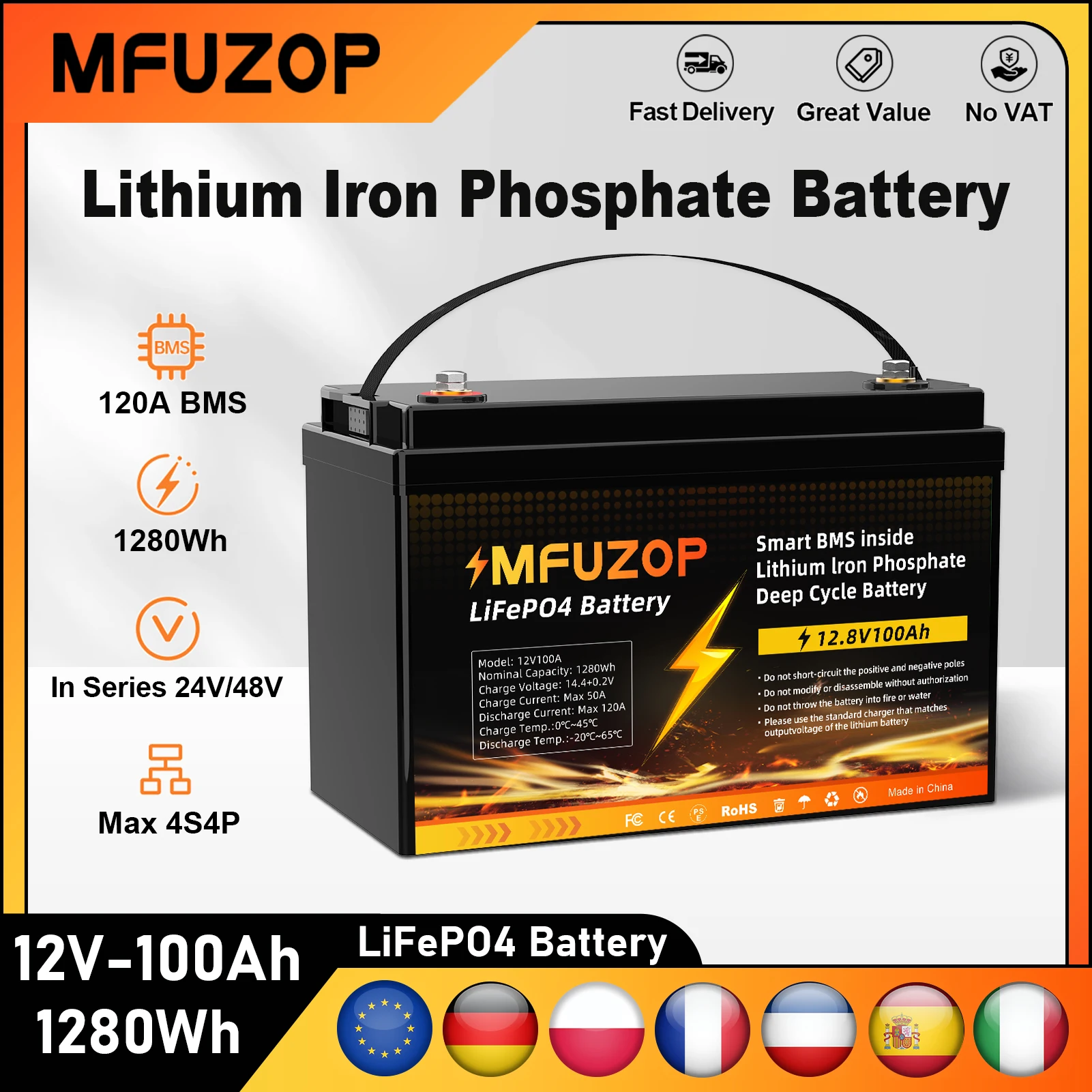 Akumulator LiFePO4 MFUZOP 12V 100Ah 1280Wh, ładowalny, z wbudowanym inteligentnym systemem BMS, głęboki cykl, ponad 8000 cykli, do kamperów, solarny, bez VAT.