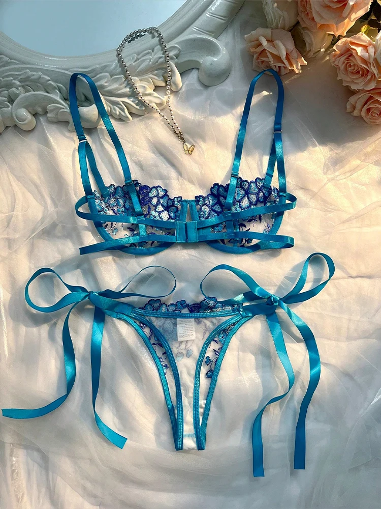 Lady Floral Embroidery Lingerie See Through Exotic Sets Women Open Anal Sheer Bra and Brief Underwear Sexy Intimates Underwear image 2