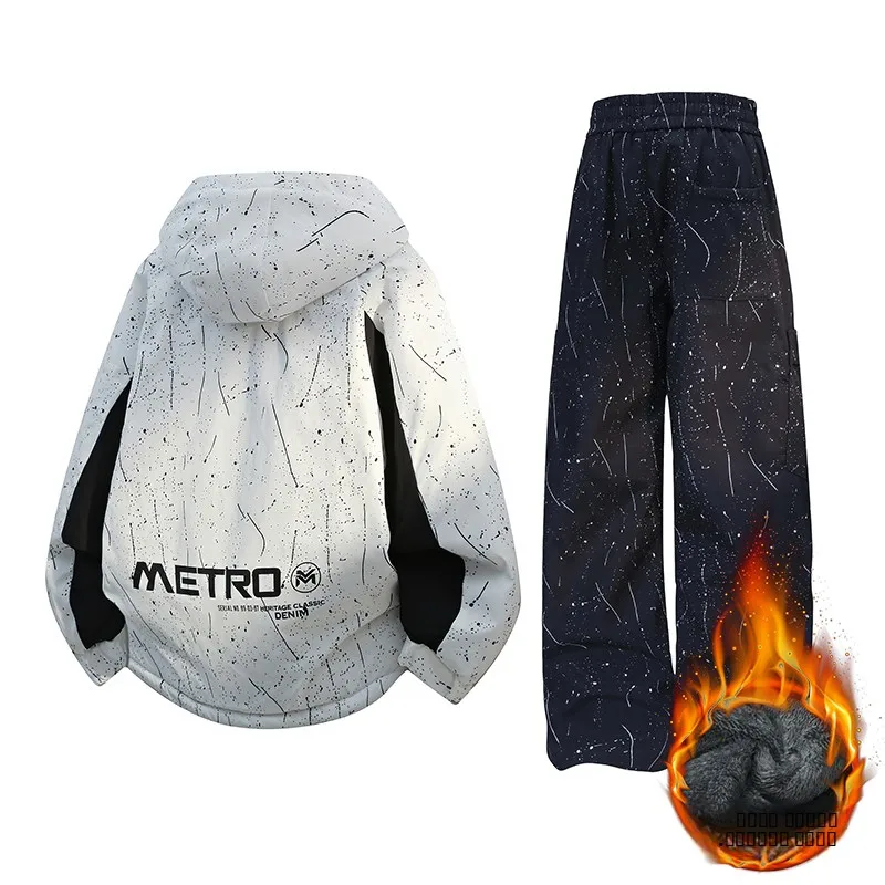 

Мужской осенне-зимний костюм с начесом, повседневный, модный, теплый, из двух предметов, для молодых мужчин