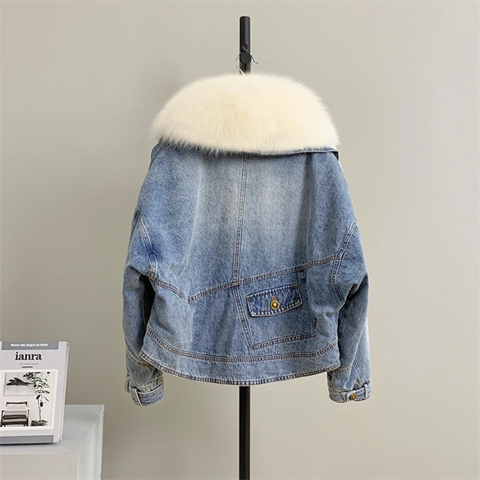 2023 Winter Women\'s Denim White Goose Down Coats With Natural Real Fox Fur Collar Outwear Luxury Female Jacket