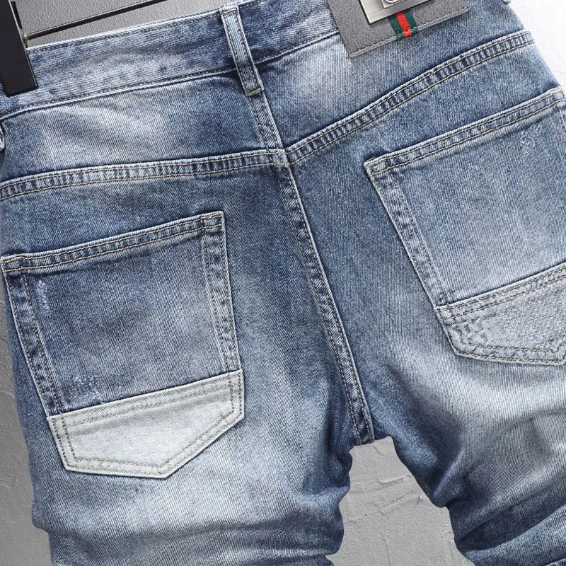 Summer Fashion Vintage Men Jeans Retro Washed Blue Stretch Slim Fit Ripped Short Jeans Patched Designer Hip Hop Denim Shorts Men