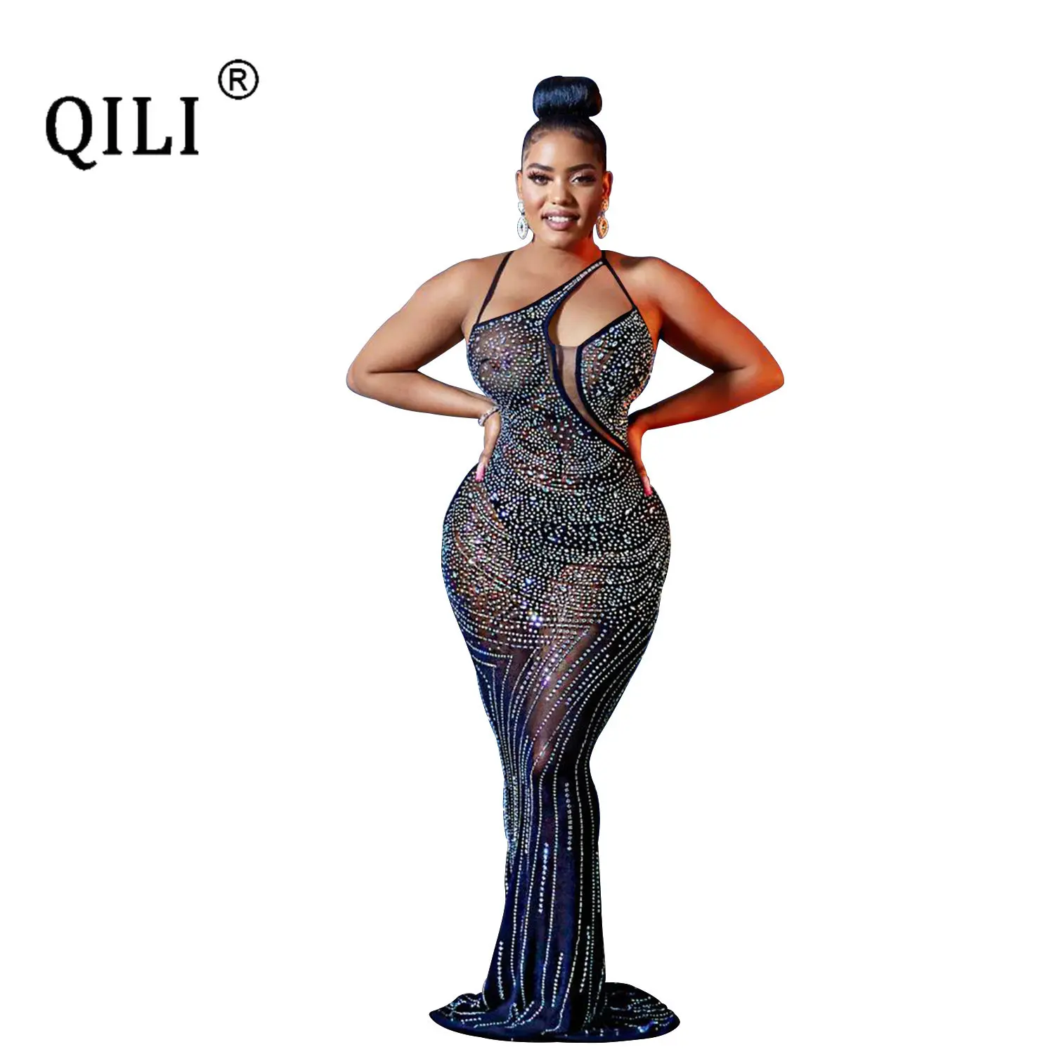 Women's V-neck Long Dress Sexy See Through Mesh Diamonds Sleeveless Dress Inclined Shoulder Mermaid Dress