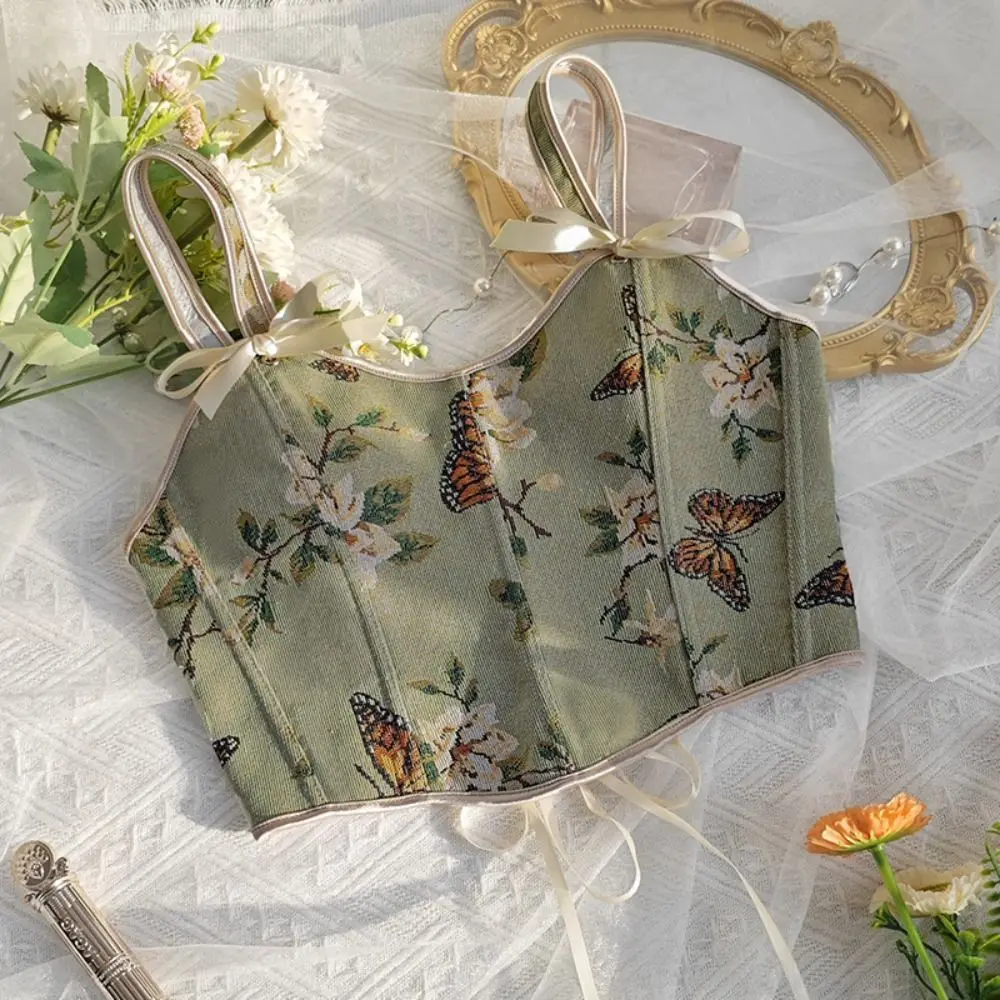 Retro Slim Floral Print Bra Top Chest Support Double Strap Corset Sleeveless Short Suspender Vest Daily Wear