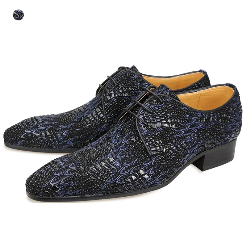 Pattern Floral lace up shoes Luxury Mens Party Blueblack Dress Pointed Fashion lace-up flat men\'s casual Handmade wingtip Derby