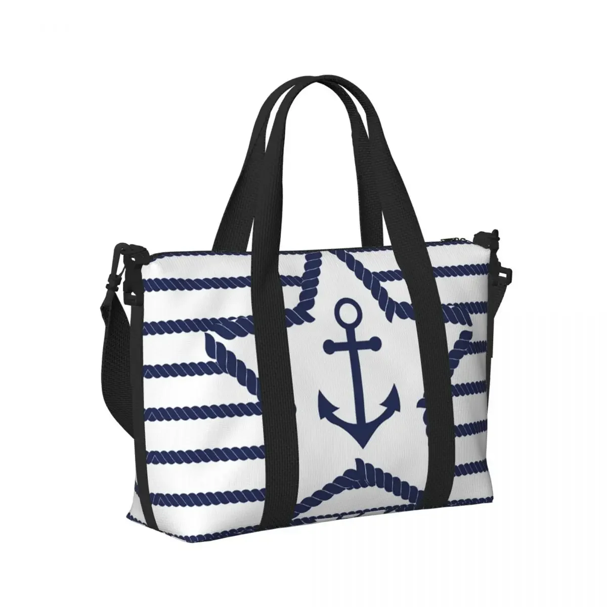 

Navy Blue Stripes Nautical Anchor Beach Travel Bag Large Capacity Tote Bags for Gym Sport Women Shopping Duffle Shoulder Bag