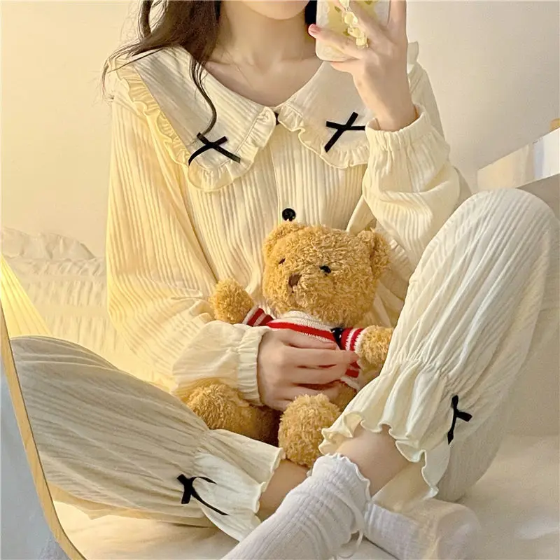 Sweet Long Sleeve Pajama Sets Women Loose Casual Stylish Chic Homewear Single Breasted Ins Popular Cute Bow Princess Nightwear