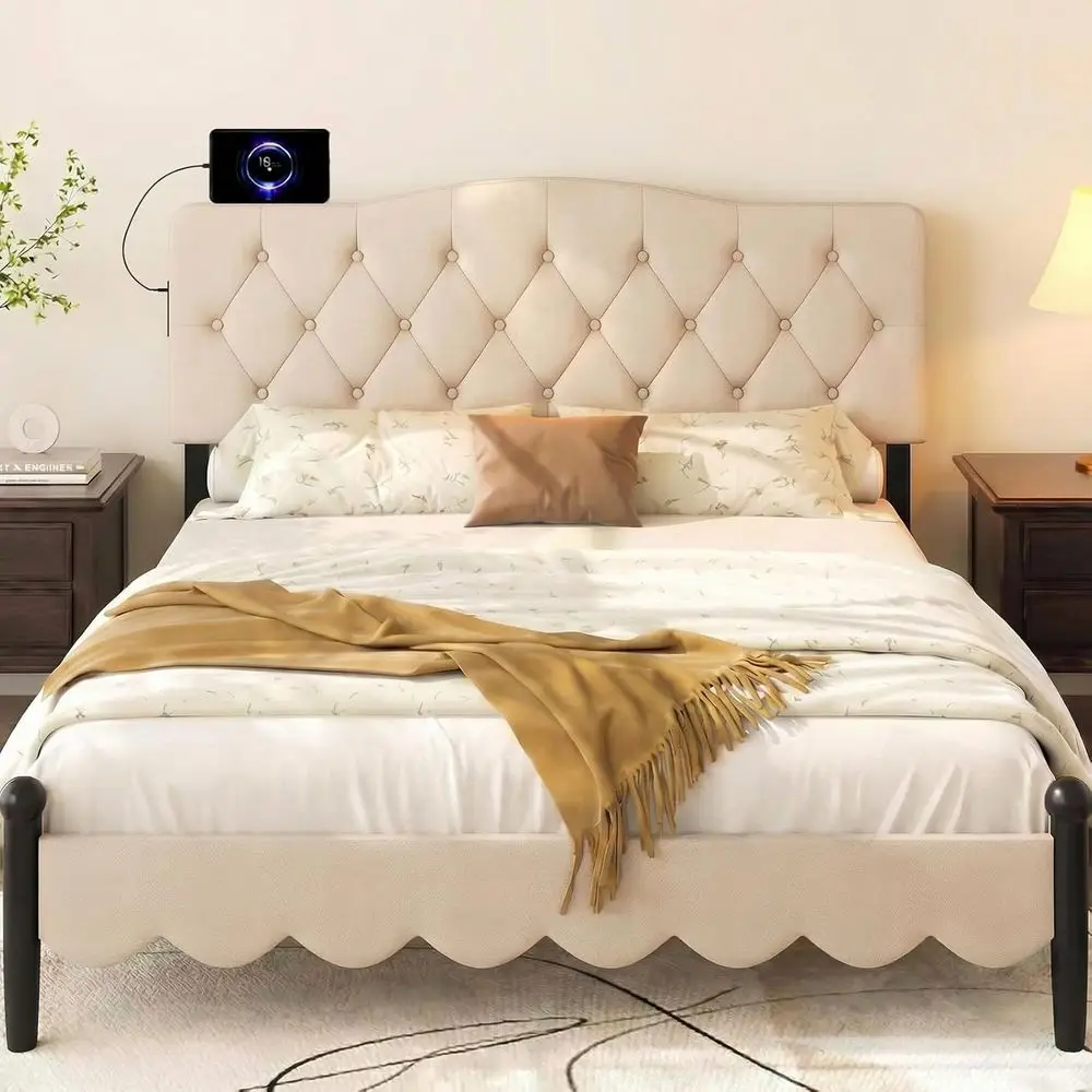 Charging Station, Queen/Full Size Button Tufted Upholstered Board w/2 AC Outlets, USB & Type-C Port, Rubber Wood Legs, Width Adj