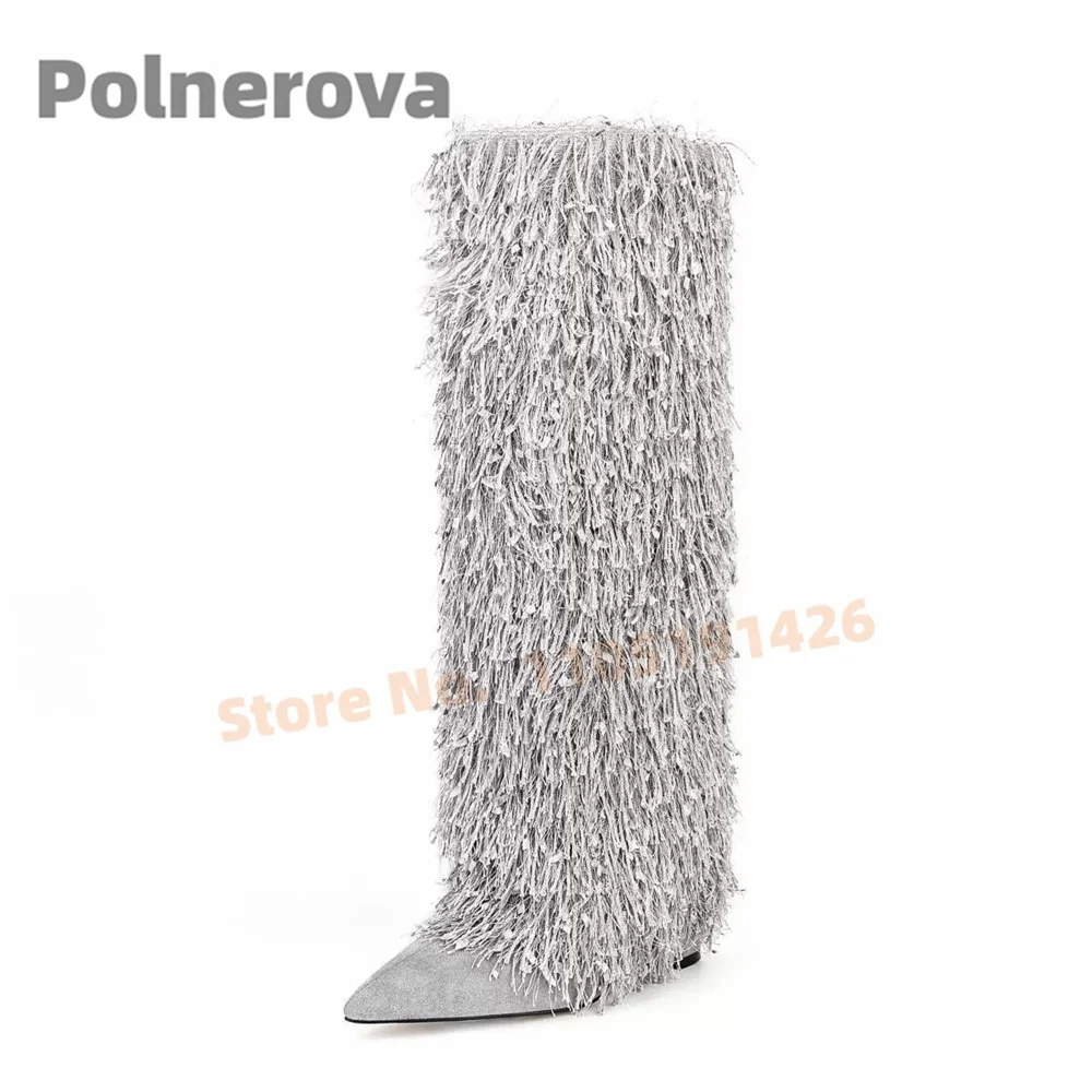 

Fluffy Fringe Long Boots Women Chunky High Heel Knee High Boots Sexy Pointed Toe Suede Winter Furry Boots Luxury Evening Shoes