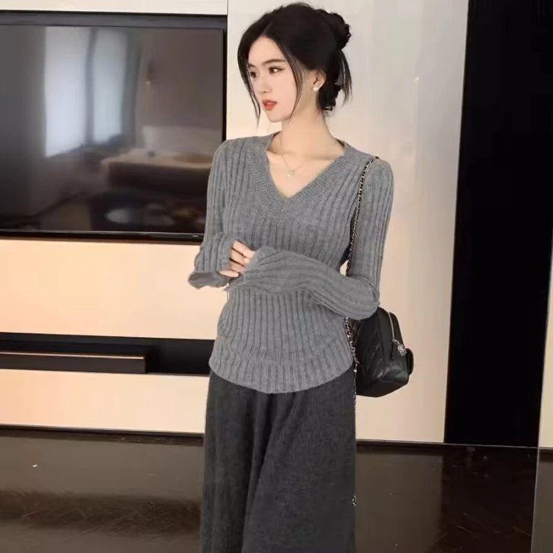 Knitting Versatile Pullover for Women Solid Spicy Girls Spring V-neck Long Sleeve Vintage Mature Simple Slouchy Harajuku Korean