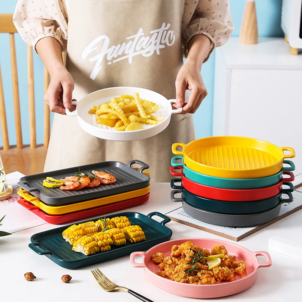 

1pc Retro Ceramic Baking Tray Heat Resistant Easy Clean Stain Resistant Elegant Handle Home Kitchen Bakeware Dish Pan