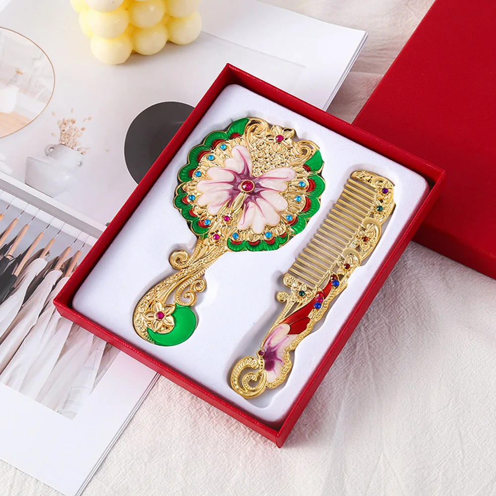 2Pcs/Set Peacock Design Vanity Mirror and Comb Set Round Shape Embossed Metal Handheld (rhinetone Color Random)