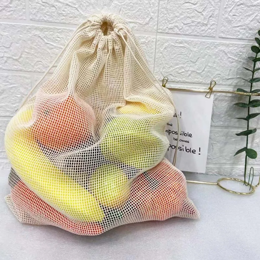 Reusable Cotton Mesh Bag Large Capacity Eco-friendly Mesh Shopping Bag Fruit and Vegetable Storage Light Weight Drawstring Bag