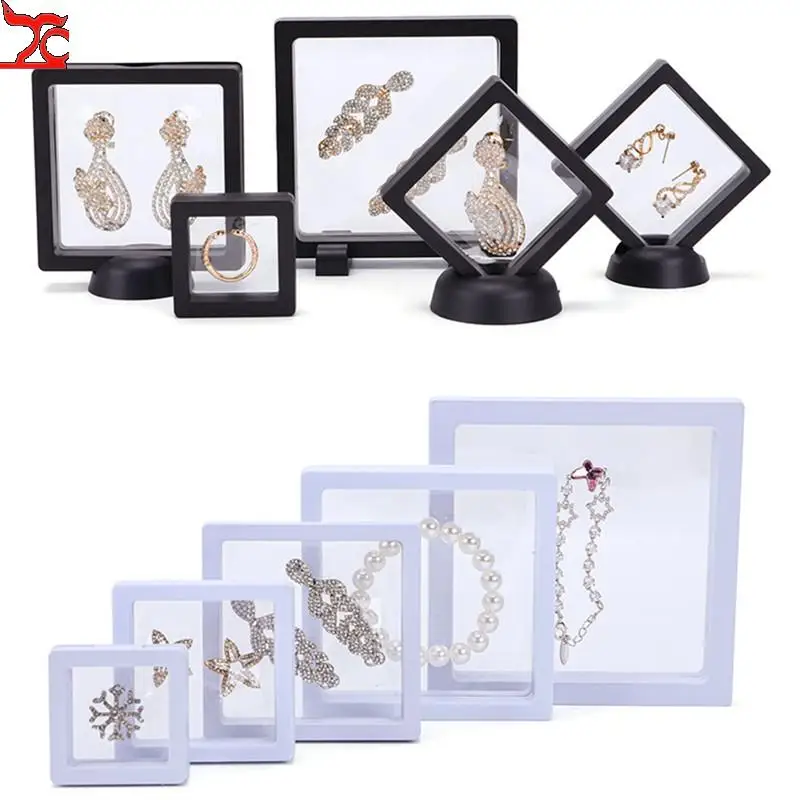 1 Set Suspended Floating Display Case Black White Plastic 3D Earring Coins Gems Ring Jewelry Exhibition Stand Holder Box