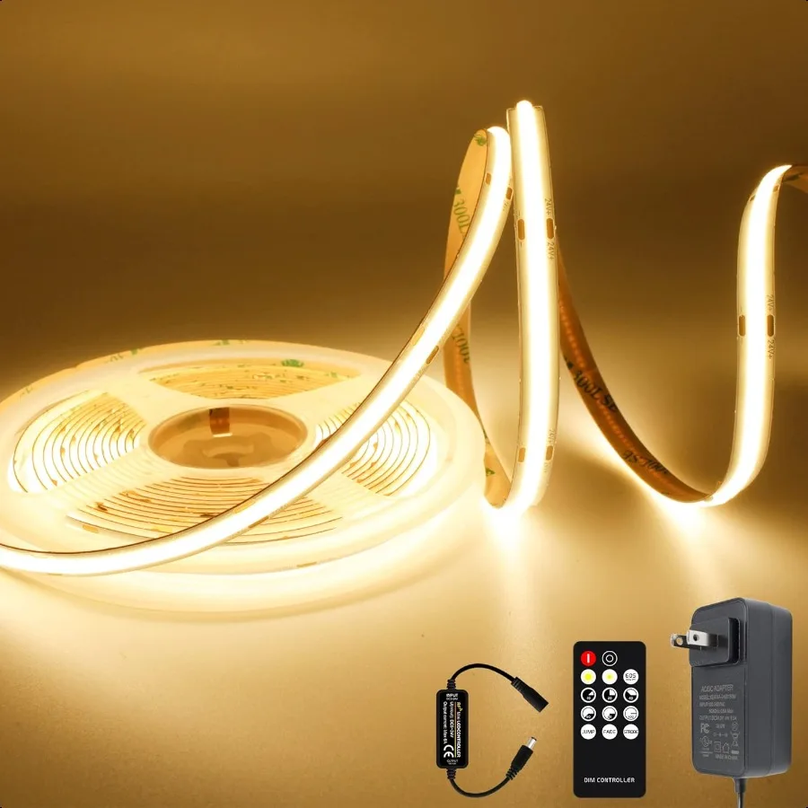 

Светодиодные ленты COB Теплые белые яркие светодиодные ленты с 2400 светодиодами RF Remote и источником питания UL Светодиодные фонари с регулируемой яркостью 3000K для