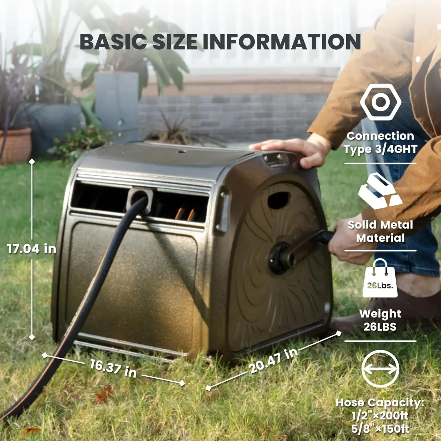 SW5 Metal Hose Reel Box, Heavy Duty Garden Hose Storage Reel Hideaway, Crank Handle, 150ft 5/8