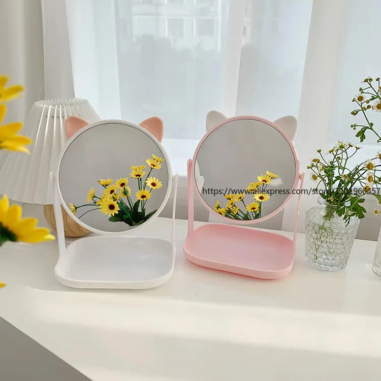 Stylish Cat Ear Makeup Mirror Multi-Functional Tabletop Vanity Mirror Single-Sided High-Definition Rotatable Dressing Mirror