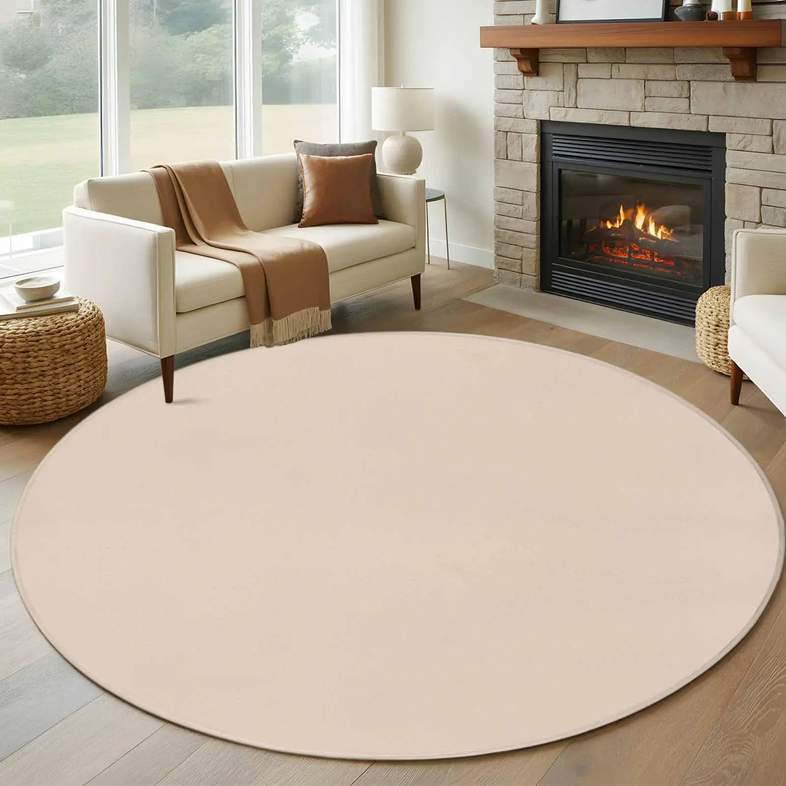 Beige Round Area Rug 5 FT,Modern Minimalism Pure Color Non Slip Bedroom Area Rug,Aesthetics Contemporary Washable Soft
