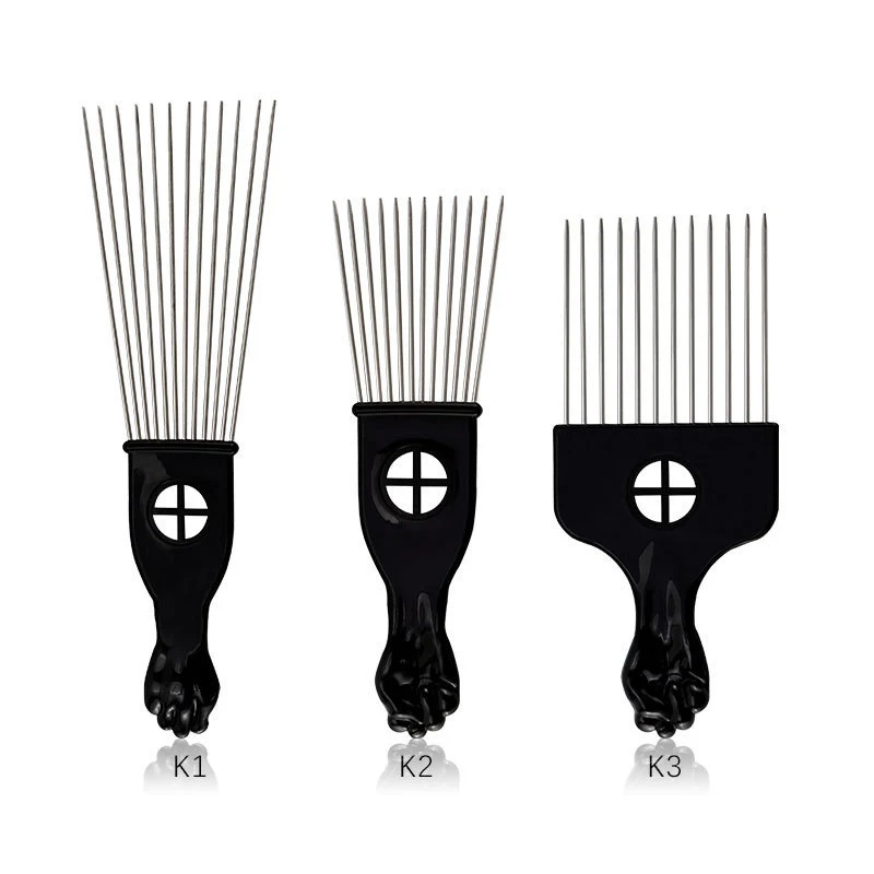 مجموعة اختيار شعر أفرو من الفولاذ المقاوم للصدأ مكونة من 3 قطع، أعواد شعر - أمشاط أفريقية معدنية سوداء لتصفيف الشعر، اختيار قبضة للنساء والرجال #2