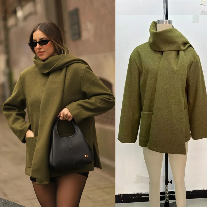 2026 Woman Thick Warm Street Woolen Outwear Women Grey Solid With Pockets Scarf Collar Green Short Chic Coat British Style