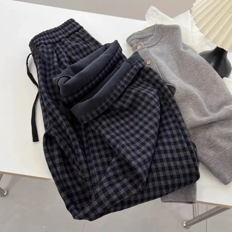 

Men's Autumn Winter Plaid Casual Pants Thiened Fce Loose Straight Leg Trousers Design Sense Wide Leg Pants Ci Walk