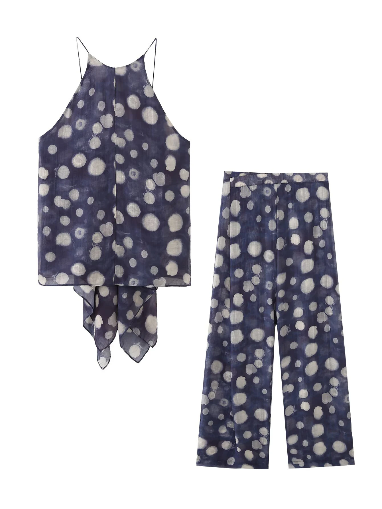 

European and American style 2026 spring hanging neck collar backless polka dot top semi transparent polka dot pants set