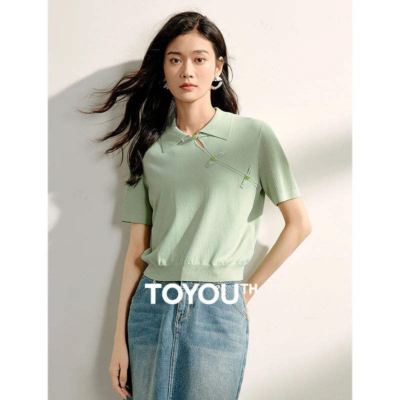 

TOYOUTH Women Knitwear 2024 Summer New Chinese Style Pan Button Turn Down Collor Short Sleeve Knitted Tops