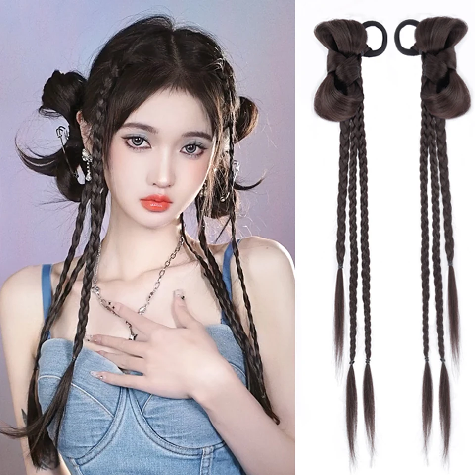 Synthetic Ponytail Hair Extensions Twist Braid With Elastic Rope Boxing Braids Braided Ponytail Black Black Brown Hair