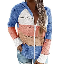 Autumn Women Casual Loose Hooded Zipper Tops Lady V Neck Knit Long Sleeve Sweater Patchwork Elegant Striped Patchwork Cardigans