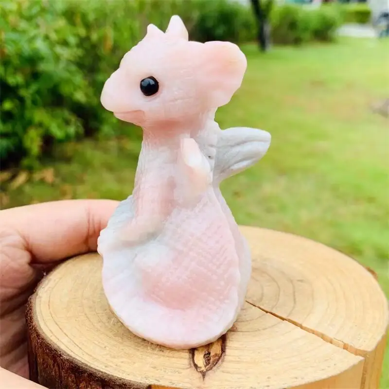 8cm Natural Pink Opal Cartoon Dragon Carving Sculpture Healing Stone Crystal Crafts For Home Decoration Ornament 1PCS