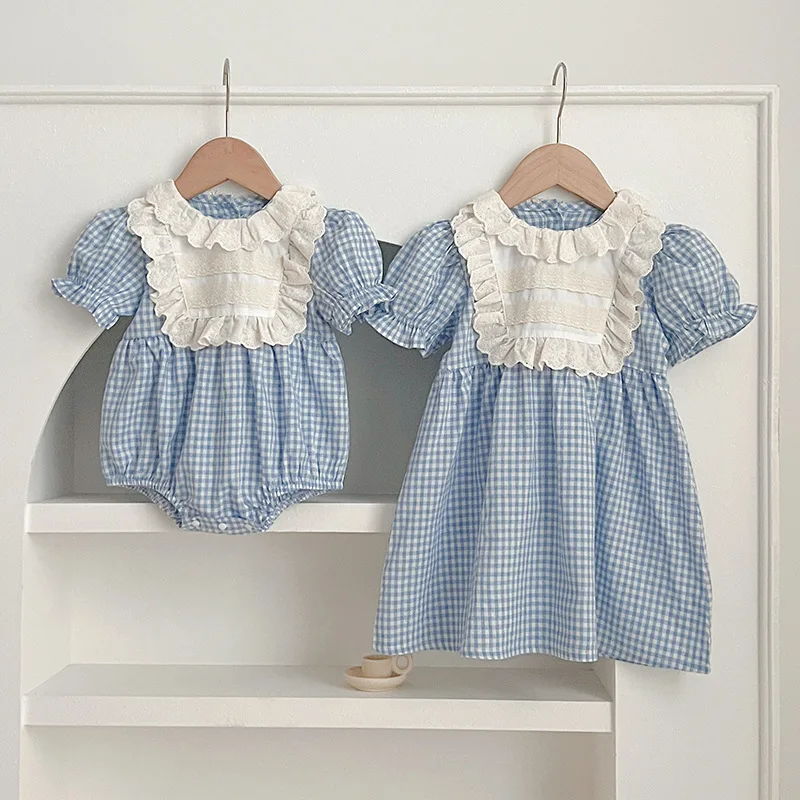 

Newborn Toddler Infant Girls Plaid Jumpsuit Summer Sweet Baby Short Sleeve Kids Princess Dress Ruffle Lace Girls Sister Clothes