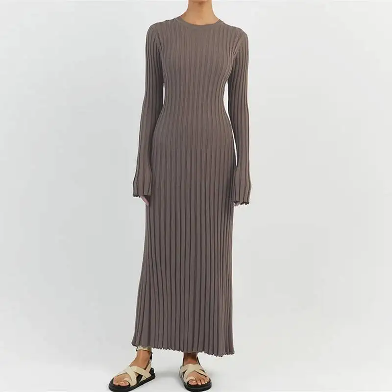 Elegantes geripptes Strickkleid für Damen mit langen Ärmeln, Rundhalsausschnitt, figurbetontes Bleistiftkleid, langes Kleid mit Bindegürtel, 90er Vintage Streetwear 13C7