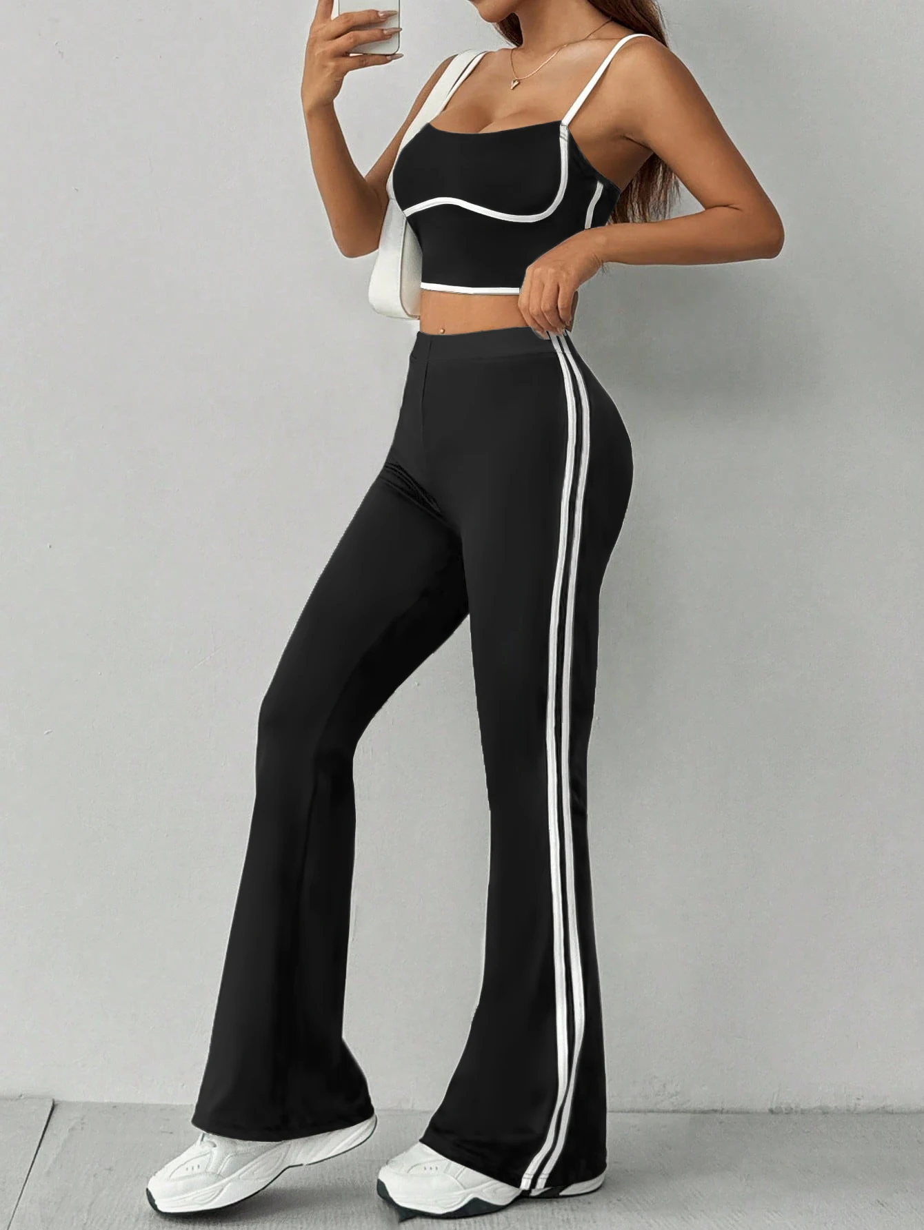 Women's casual minimalist white striped vest and trousers two-piece set