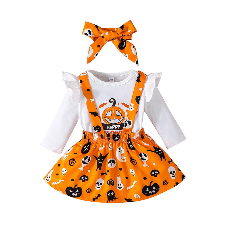 Halloween 0-2Y Baby Girls Outfit Sets White Long Sleeve Pumpkin Print Romper and Ghost Skull Print Skirt Headband Sets