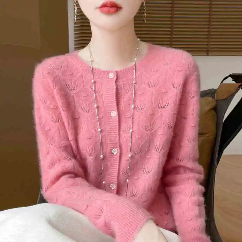 Hollow knit cardigan women round neck heavy industry twisted loose long-sleeved air-conditioned shirt skin-friendly sweater coat