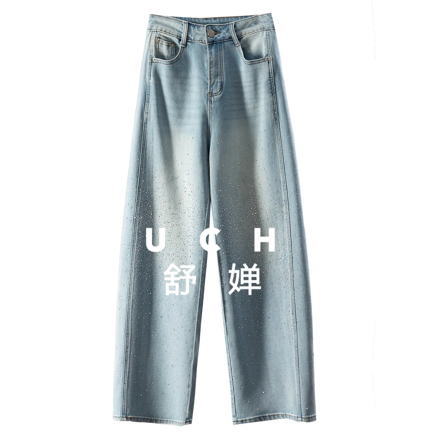 

Charming and Shining French Trendy Hot Diamond Washed Blue High-waisted Wide-leg Sickle Jeans Women's 84I2