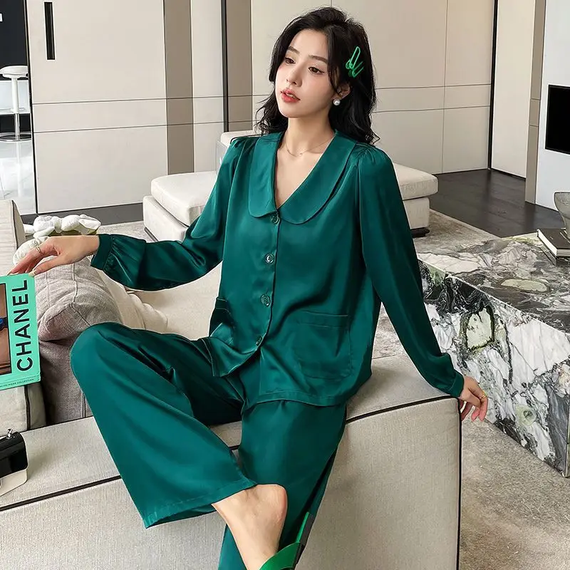 Long Sleeve Pants Pajamas Spring Autumn Women Ice Silk Lapel Casual Homewear Two-Piece Female Solid Color Thin Nightclothes 2024