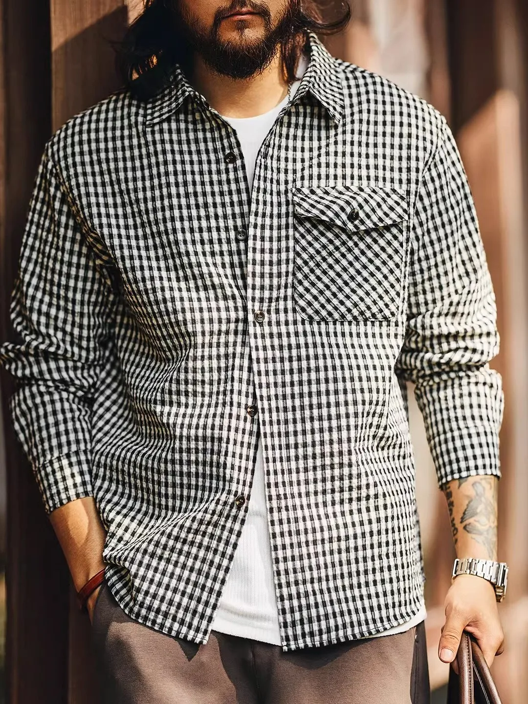 

Loose Fit Long Sve Men's irt Casual Sle Workwear Plaid Pattern American Retro Design Breathable Comfortable Cotton