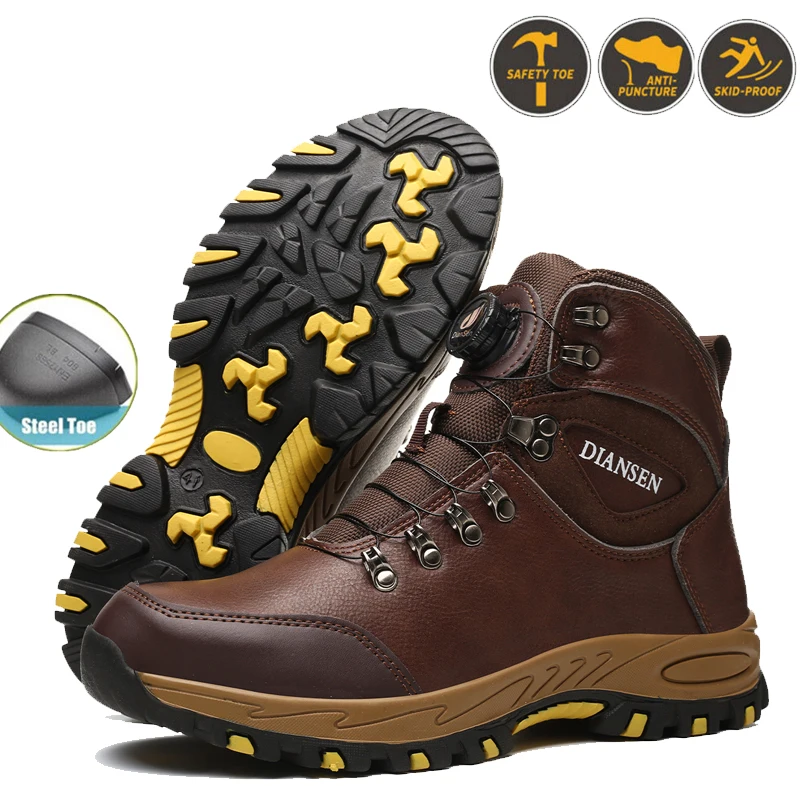 Rotating Buttons Work Boots Men Steel Toe Safety Boots Outdoor Puncture-Proof Protective Shoes Waterproof Indestructible Shoes