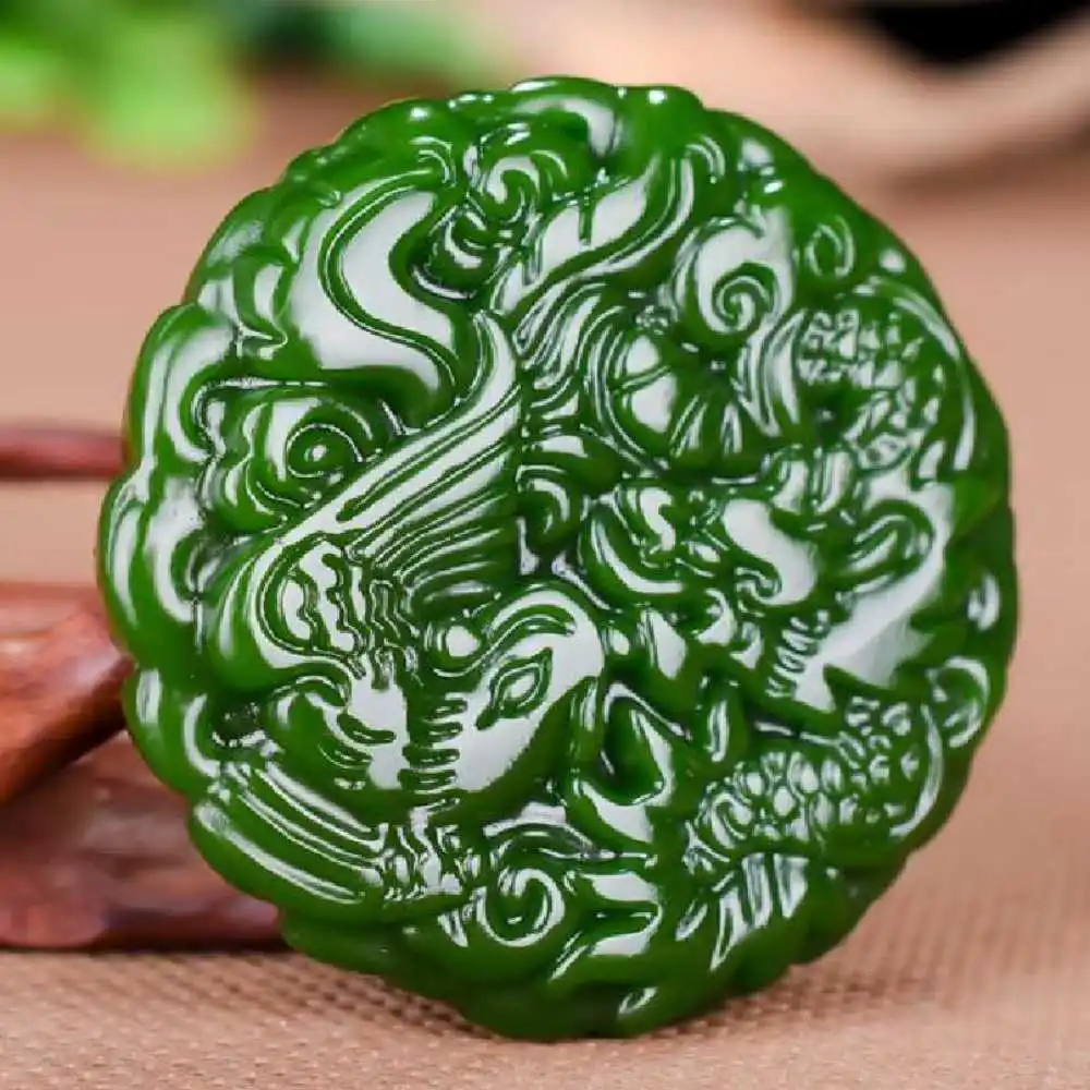 Natural Green jade sculpture dragon and phoenix pendant+Necklace Zodiac Tibetan Jewelry Chakra Gifts Crystal Pendants Energy