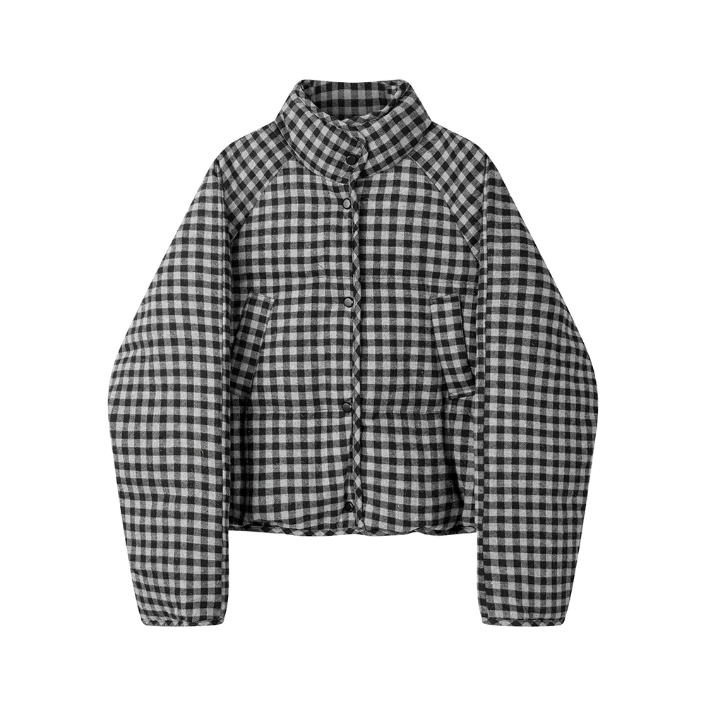 Xinmon Winter Thiened Koreaanse Sle Stand Kraag Plaid Wollen dons Jaet Casual Afslankende Brood Sle Damesjas