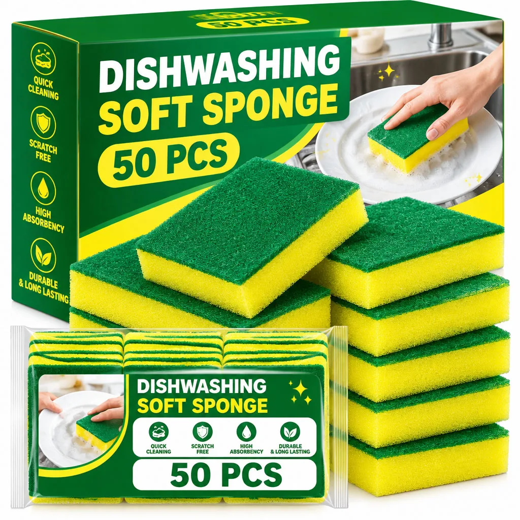 50pcs Kitchen Sponge for Non-Coated Cookware, Scrubbing Power for Tough Messes, Cleaning Sponge for Kitchen, Bathroom, Household